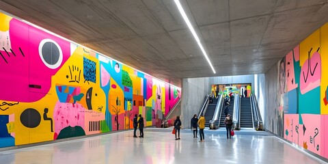 Colorful Urban Subway with Modern Wall Art