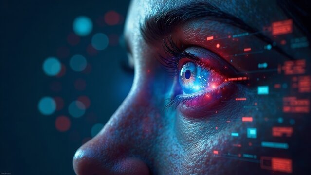 Futuristic female eye with digital interface and holographic display