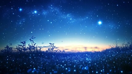 Naklejka premium Starry Night Field - Serene night scene, stars, glowing field, peaceful nature, cosmic dust.