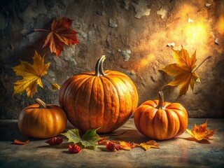 Naklejka premium Autumnal Still Life Featuring Three Pumpkins and Scattered Leaves in Sunlight Against a Textured Concrete Wall for Fall Promotions and Harvest Celebrations