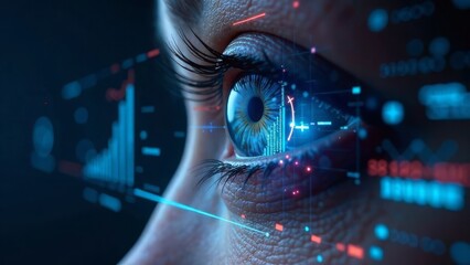 Close-up of human eye with futuristic digital interface and data visualization