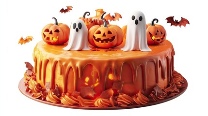 a Halloween cake design, spooky dessert with pumpkin and ghost motifs, digital illustration, vibrant tones, isolated on white background 