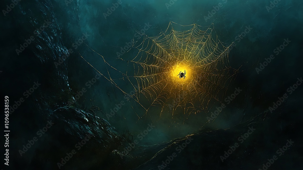 Wall mural illuminated golden spider creating a delicate web in a dark moody scene