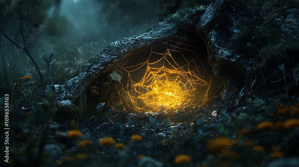 Wall mural illuminated golden spider creating a delicate web in a dark moody scene