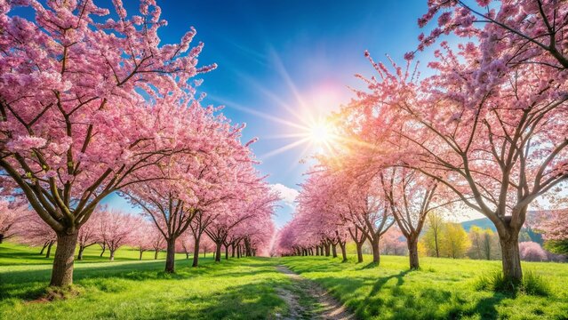 Beautiful Cherry Blossom Trees in Springtime Against a Vibrant Blue Sky with Soft Pink Flowers and Clear Copy Space for Text Overlay
