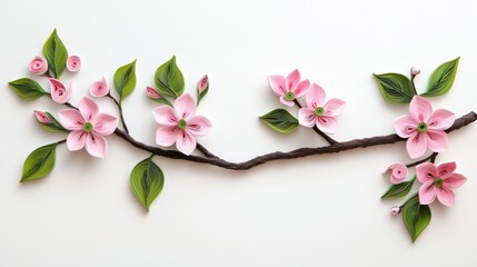 3D paper-cut of pink cherry blossoms and green leaves with branch