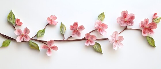 3D paper-cut of pink cherry blossoms and green leaves with branch