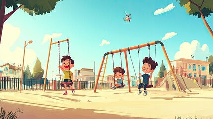 Fototapeta premium Joyful Children Playing in a Vibrant Park Setting, Enjoying Swings, Sunshine, and Laughter Amid a Colorful Neighborhood with Clear Sky and Playground Equipment