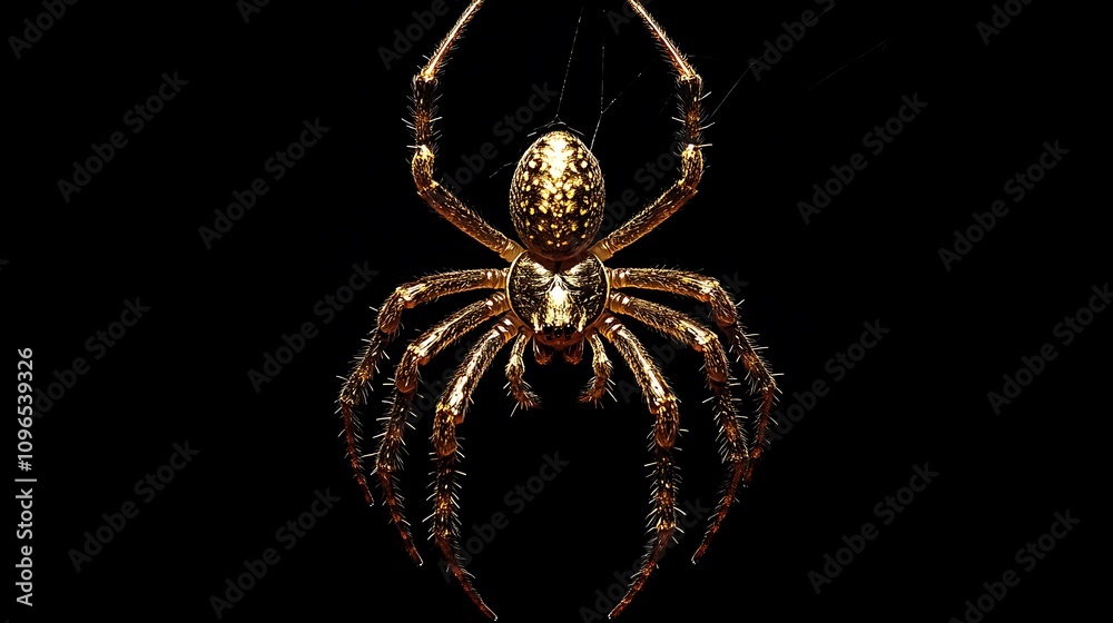 Wall mural golden spider weaving an elegant web highlighted on a black minimal background