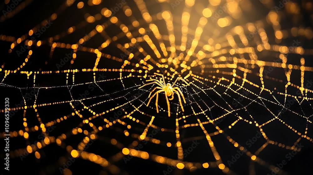 Wall mural golden spider weaving an elegant web highlighted on a black minimal background