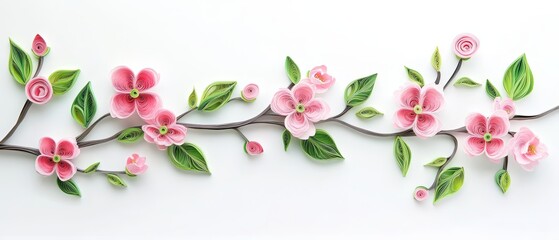 Fototapeta premium 3D paper-cut of pink cherry blossoms and green leaves with branch
