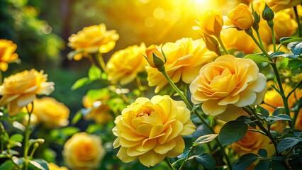 Beautiful Summer Garden Featuring Vibrant Yellow Rose Bush Surrounded by Lush Greenery and Bright Sunshine, Capturing the Essence of Nature's Splendor and Tranquility