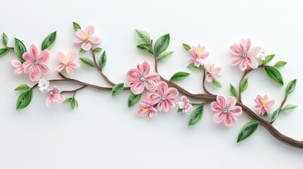 Fototapeta premium 3D paper-cut of pink cherry blossoms and green leaves with branch