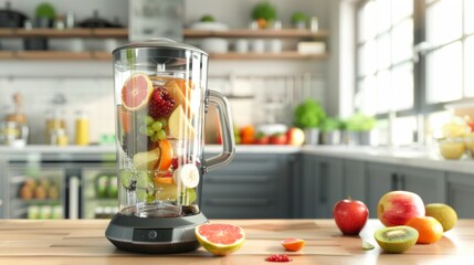 Smoothie maker ad template. Household appliance mock-up full of fresh sliced fruits and ice on wooden kitchen countertop. 3d illustration