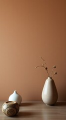 A vase with dried flowers and two other ceramic vases in front of a brown wall.