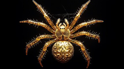 Elegant golden spider and its web glowing against a contrasting black backdrop