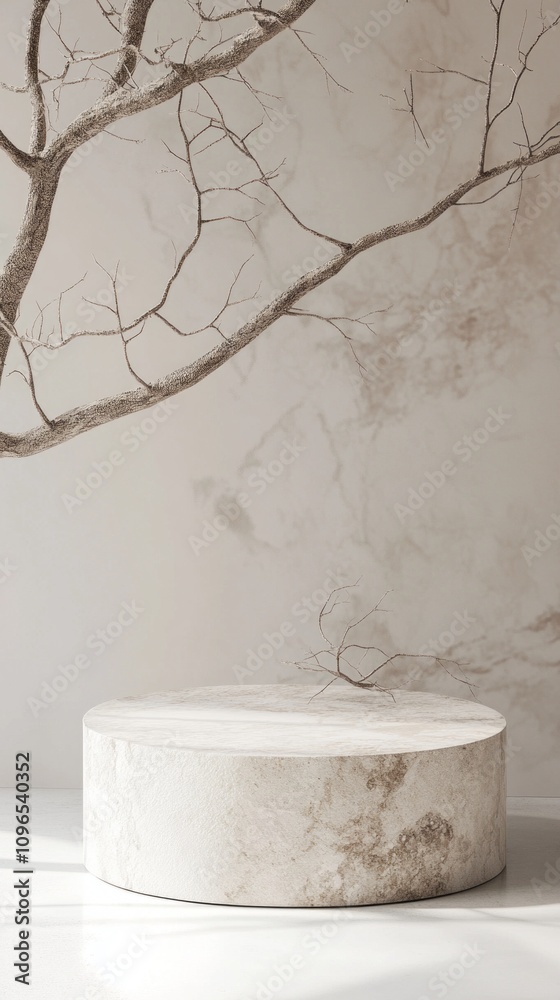 Poster a white pedestal with a tree branch above it
