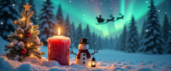 3D illustration for Merry Christmas card. A Christmas tree, a red candle, and a snowman wearing a top hat and red scarf with a lantern. Northern lights with the silhouette of a sleigh pulled by reinde