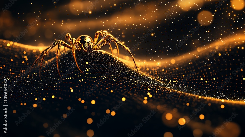 Wall mural black background with a focused golden spider weaving a delicate shiny web