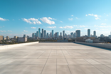 Obraz premium Empty Rooftop with City Skyline and Clear Blue Sky