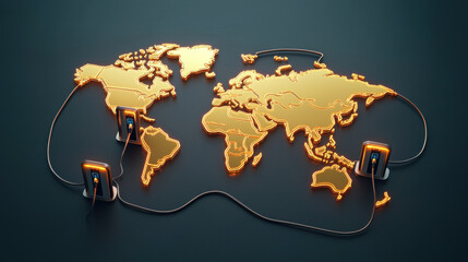 3D rendering of world map made of glowing gold metal with electric charging stations connected. This symbolizes global connectivity and energy