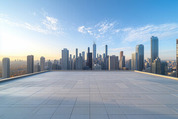 Empty Rooftop with City Skyline and Clear Blue Sky