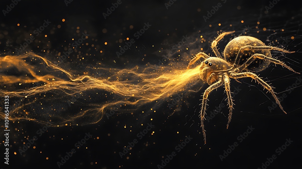 Canvas Prints highlighted intricate web spun by a golden spider on a jet black minimalist backdrop