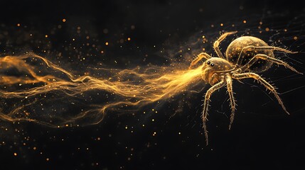 Highlighted intricate web spun by a golden spider on a jet black minimalist backdrop