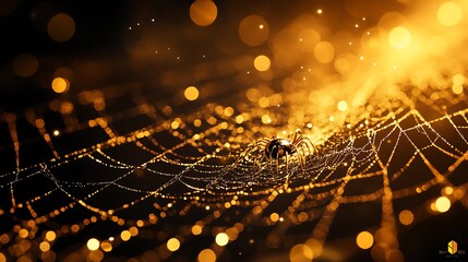 Detailed shimmering web crafted by a golden spider on a black backdrop