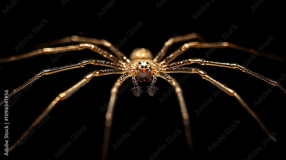 Wall mural minimal black background emphasizing a golden spider's delicate web creation