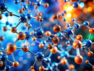 Dynamic molecular illustration with a striking bokeh effect, showcasing blue and orange atoms, emphasizing chemistry and molecular biology within a visually engaging scientific backdrop.