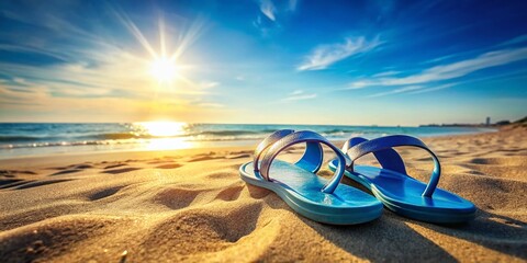 Blue Colored Summer Sandals on Sandy Beach in Bright Sunlight, Perfect for Holiday Vacation and Tourism, Capturing the Essence of Summer Relaxation and Fun in the Sun