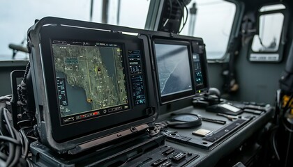 Control panel with navigation screens on a vessel, displaying maps and data.