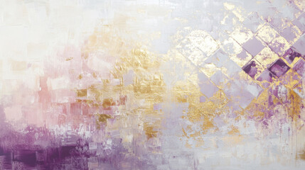 Obraz premium Abstract painting with soft pastel shades of lavender, pink, and cream, highlighted by golden accents and geometric textures for elegance