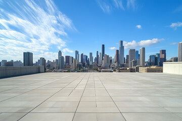 Obraz premium Empty Rooftop with City Skyline and Clear Blue Sky