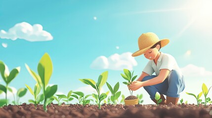 Young Gardener Nurturing Plants Under Bright Sky in Lush Green Field with Sunlight and Fluffy Clouds, Emphasizing Love for Nature and Growth Journey