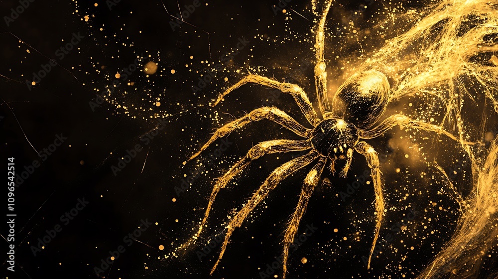 Wall mural black background featuring a golden spider building its web with intricate precision
