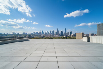 Obraz premium Empty Rooftop with City Skyline and Clear Blue Sky