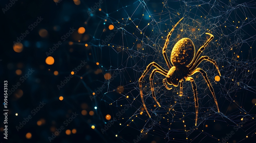 Wall mural minimalist dark background with a golden spider crafting its web of precision