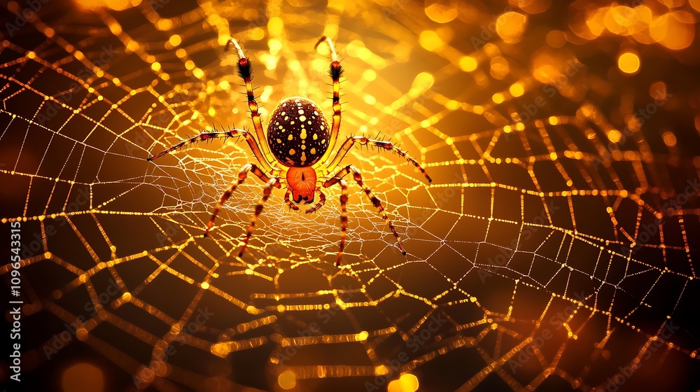 Wall mural glowing golden spider weaving an intricate web set against a dark moody backdrop
