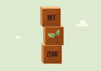Net Zero Wooden Blocks with Growing Plant. three wooden blocks spelling 'NET ZERO' with green plant symbol, representing environmental growth and sustainability. Vector illustration. Flat design