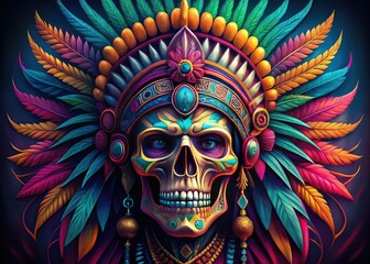 Dynamic Tribal Chief skull mascot showcasing vibrant colors and intense expression, adorned with intricate tribal patterns, perfect for gaming teams and competitive esports events.