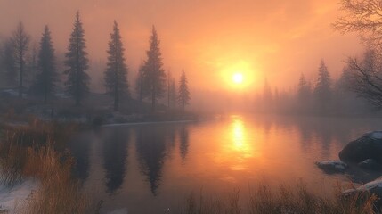 Fototapeta premium Misty Sunrise over Serene Lake and Pine Trees
