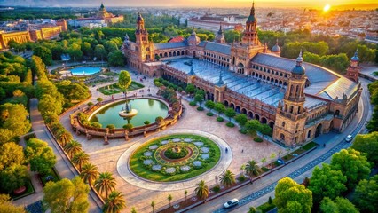 Breathtaking Aerial View of Plaza de España in Sevilla, Capturing Its Iconic Circular Design and Lush Gardens with a Beautiful Bokeh Effect for a Dreamy Atmosphere