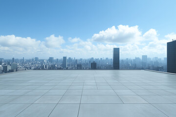 Fototapeta premium Empty Rooftop with City Skyline and Clear Blue Sky