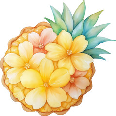 Obraz premium Watercolor illustration clipart of a golden Lunar New Year pineapple tart with intricate details, isolate on white background
