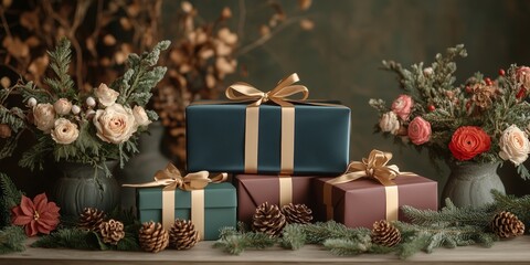 Minimalist style of velvet emerald green, navy, and burgundy papers gift boxes tied with gold ribbon on the table, surrounded by flowers in vases, fir branches, and pine cones.