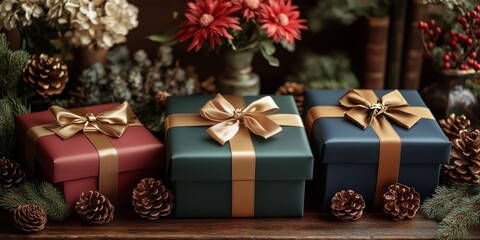 Minimalist style of velvet emerald green, navy, and burgundy papers gift boxes tied with gold ribbon on the table, surrounded by flowers in vases, fir branches, and pine cones.