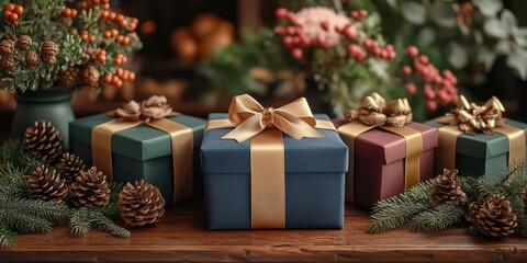 Minimalist style of velvet emerald green, navy, and burgundy papers gift boxes tied with gold ribbon on the table, surrounded by flowers in vases, fir branches, and pine cones.