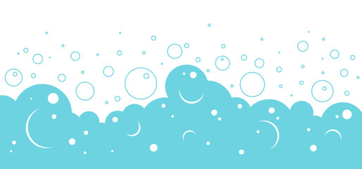 Soap bubble background, foam pattern, water soda border, bathroom frame, cartoon blue wash cloud flat and line design, laundry suds. Shampoo splash, baby shower, sea underwater bg. Vector illustration